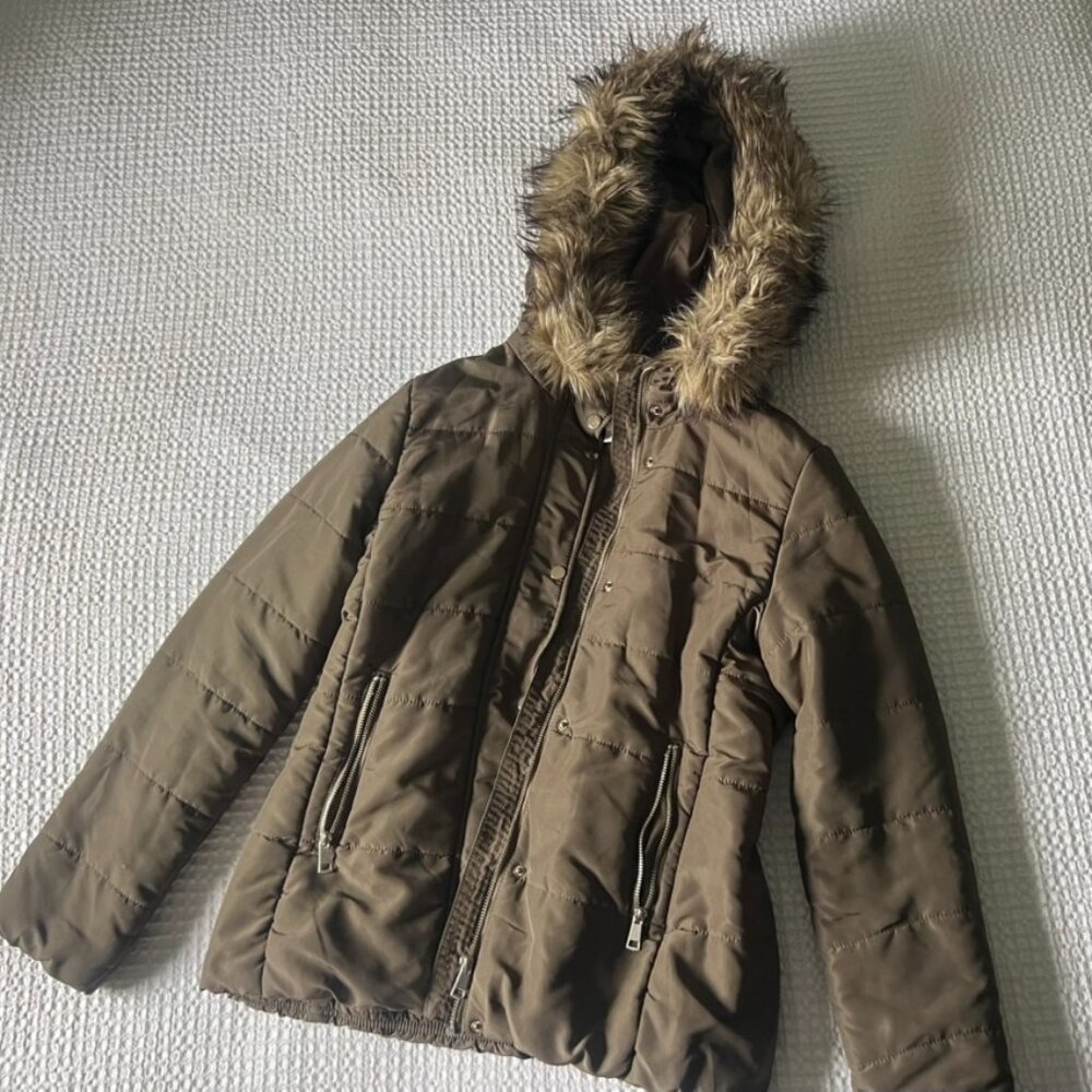 H&M Brown Faux Fur Trim Hooded Puffer Jacket